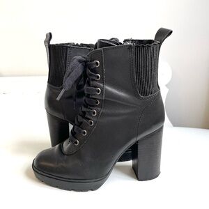 STEVE MADDEN BLACK LEATHER ANKLE BOOTS BLOCK HEEL CHUNKY LACES SIDE ZIPPER